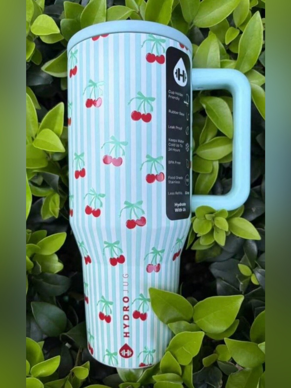 New 40 Oz Blue Stripe Cherry Print Traveler Insulated Tumbler Cup